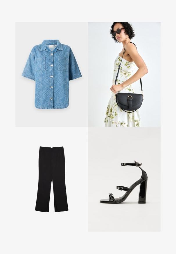 Koszula z guzikami w jasnoniebieskim dżinsie z teksturowanym wzorem diamentowym, z krótkimi rękawami i dwiema kieszeniami na piersi. Posiada kołnierzyk i guziki z przodu.; Czarne spodnie o prostym kroju, z przednimi kieszeniami i bocznymi rozcięciami na dole. Wykonane z miękkiego, gładkiego materiału. Odpowiednie na różne okazje.; Czarne lakierowane sandały na obcasie z kwadratowym noskiem, z paskami wokół kostki i srebrnymi klamrami. Posiadają masywny słupek dla stabilności.; Czarna skórzana torebka o zakrzywionym kształcie, z odpinanym paskiem i złotymi akcentami. Torebka posiada klapę z zapięciem w kształcie klamry.