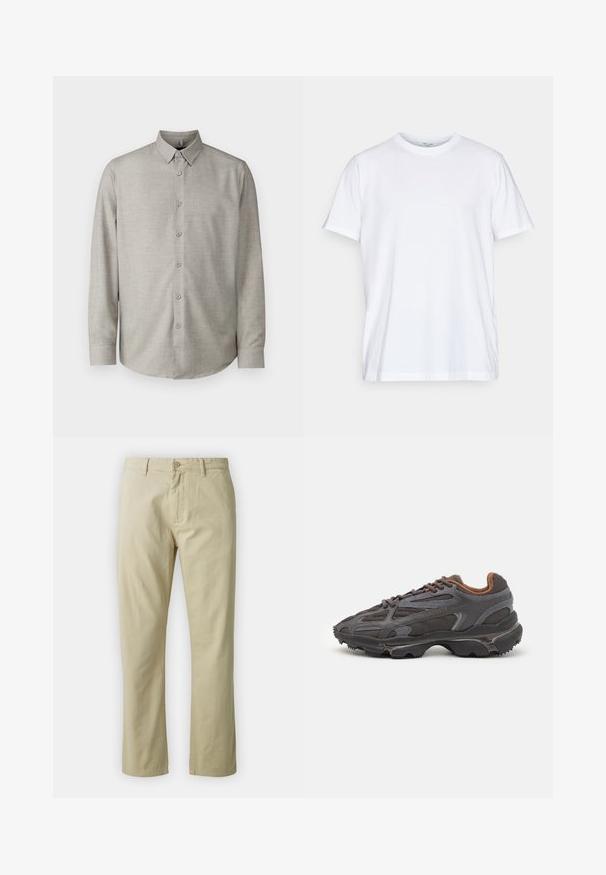 Lichtgrijze langwerpige blouse met een button-down kraag, stoftextuur die lijkt op fijne weving, zes knopen aan de voorkant en een afgeronde zoom.; Witte katoenen t-shirt met korte mouwen, ronde ronde hals en een relaxed fit. Heeft een minimalistisch ontwerp, zonder patronen of accenten.; Beige katoenen broek met een recht ontwerp, knoopsluiting aan de voorkant en riemlussen. Gladde textuur, geen zichtbare patronen of accenten.; Lacoste sneakers in donkergrijs van mesh en synthetisch materiaal, met een gestructureerde zool en bruine accenten op de kraag en branding.