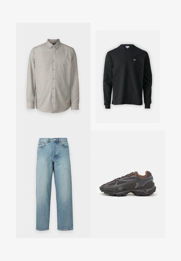Lichtgrijze langwerpige blouse met een button-down kraag, stoftextuur die lijkt op fijne weving, zes knopen aan de voorkant en een afgeronde zoom.; Zwarte longsleeve t-shirt van katoen, met een ronde halslijn en een klein groen geborduurd krokodillenlogo op de linkerborst.; Lichtblauwe denim jeans met een losse pasvorm, rechte pijpen, een vijfzakkenontwerp en een knoopsluiting bij de taille. Minimalistische stikdetails.; Lacoste sneakers in donkergrijs van mesh en synthetisch materiaal, met een gestructureerde zool en bruine accenten op de kraag en branding.