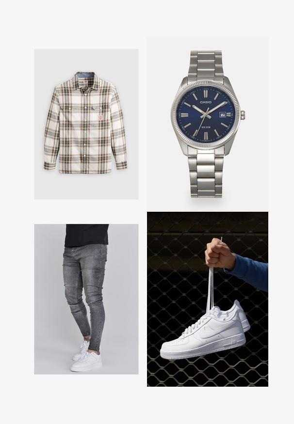 Geruite shirt in wit, bruin en grijs met knopen voorkant, kraag en twee borstzakken. Katoenen materiaal met een gladde textuur.; Skinny jeans in vervaagd grijs denim, met versleten details op de knieën, gecombineerd met witte sneakers. Gladde textuur, slank model.; Witte leren sneakers met perforaties, ronde neus, vlakke zool en dikke veters, met een zichtbare swoosh-logo en "AIR" op de hiel.; Zilveren roestvrijstalen horloge met een marineblauwe wijzerplaat, metalen uurmarkeringen en een datumnis op 3 uur. Waterbestendig tot 50 meter.