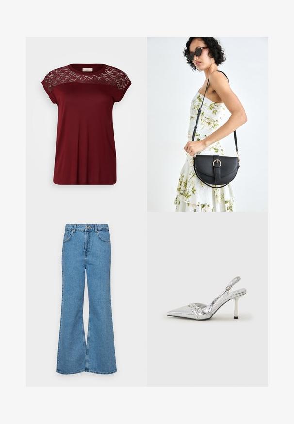 ONLY Carmakoma CARFLAKE LIFE S/S MIX JRS - Basic póló - syrah; Világoskék, trapézszárú farmernadrág, magas derékkal, öt zsebbel és egy gombos záródással. Puha tapintású, magasított effektusú anyag.; Ezüst slingback magas sarkú cipő hegyes orral, fémszerű felülettel, két dekoratív pánttal és vékony sarkú, fekete végű dizájnnal.; Fekete bőrtáska ívelt formával, levehető pánttal és arany színű fémrészekkel. A táskán egy csattal díszített fedél található.