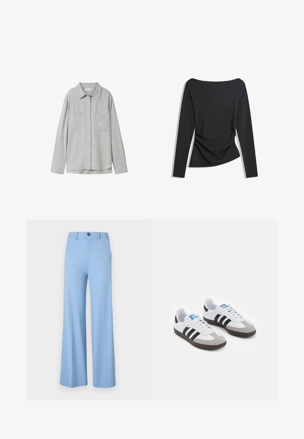 Hellgraues Langarmhemd aus weichem Stoff, mit durchgehender Knopfleiste, zwei Brusttaschen und klassischem Kragen.; Schwarzes, langärmliges, tailliertes Oberteil mit einem Schiffsausschnitt und leichten Raffungen auf einer Seite an der Taille, flach auf einem weißen Hintergrund ausgelegt.; Helle blaue weit geschnittene Hose aus glattem Stoff, mit Knopfverschluss und vorderen Taschen. Schlichte, maßgeschneiderte Gestaltung ohne Muster.; Sportschuhe mit einem Obermaterial aus weißem Leder, grauer Wildleder-Zehenkappe und drei schwarzen Streifen. Sie verfügen über ein blaues Logo auf der Zunge und eine strukturierte Gummisohle.