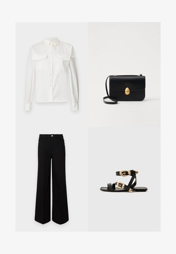 White cotton long-sleeve shirt with a pointed collar, two front pockets, and button closure. Features a smooth texture and tailored fit.; Black wide-leg jeans made of sturdy fabric, featuring a high waist, front pockets, and a front button closure. Flat hem at the bottom.; Black leather sandals with gold buckle accents, featuring multiple straps and a flat sole design for open-toe wear.; Black leather handbag with a structured rectangular shape. Features a golden oval clasp and a thin shoulder strap. Smooth texture.
