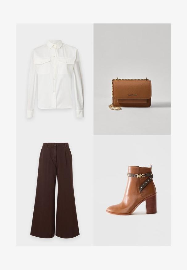 Witte katoenen overhemd met lange mouwen en een puntkraag, twee voorkanten zakken en knoopsluiting. Heeft een gladde textuur en een getailleerde pasvorm.; Hoge taille, wijde bruine broek met knoop- en ritssluiting, riemlussen en voorplooien.; Bruine leren enkellaars met een gestapelde blokhak, zijriem met gouden studs en een gouden "MK" logo gesp.; Bruine lederen schoudertas met textuur, voorzien van een gouden kettingstrap en klepsluiting. De voorkant heeft een logo-detail en een zak onder de klep.