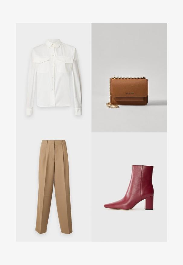 Biela bavlnená košeľa s dlhým rukávom a špicatým golierom, dvoma prednými vreckami a zapínaním na gombíky. Má hladkú textúru a priliehavý strih.; Krémové upravené nohavice s vysokým pásom, skladaným predkom a širokým strihom. Tkanina sa zdá byť hladká s jemným leskom.; Burgundské kožené členkové topánky s úzkou špičkou, blokovým opätkom a hladkým povrchom, s bezšvovým dizajnom bez viditeľného hardvéru.; Hnedá textúrovaná kožená taška cez telo s zlatým reťazovým popruhom a preklopným uzáverom. Predná strana obsahuje detail s logom a vrecko pod preklopkou.