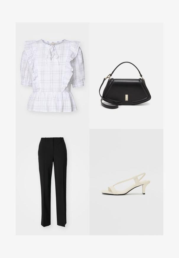 White checkered blouse with ruffled sleeves, a tie detail at the neck, and a peplum hem, featuring thin navy lines on a textured fabric.; Black tailored trousers with a straight-leg design, featuring a smooth texture and crisp creases along the front. No visible hardware.; Beige block-heeled sandals with thin straps and a square toe. Smooth material with minimal detailing, designed for easy wear.; Black leather handbag with a structured design, featuring a cropped shape, top handle, and gold hardware accent. Adjustable shoulder strap included.