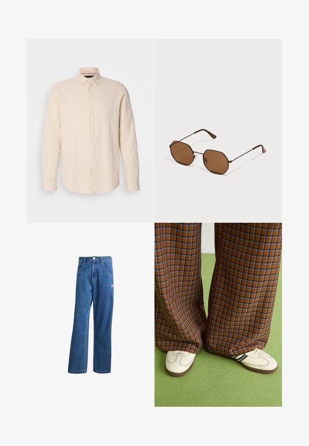 Garu piedurknēm, pogājams krekls gaiši bežā lins ar apkakli, ar nedaudz strukturētu audumu un saskaņotām pogu detaļām.; Zilas augsta vidukļa platas kāju džinsu bikses ar priekšējiem kabatām, jostas cilpām, pogu aizdari un mazu Adidas logo labajā augšstilbā.; Brūni un zili rūtaini platās kājas bikses, kas savienotas ar baltām kurpēm ar melniem akcentiem un teksturētām zolēm, uz zaļa fona.; Brūnas astoņstūra formas saulesbrilles ar plānām tumšām metāla rāmēm, regulējamām deguna spilventiņām un brūniem tonētajiem stikliem; tempļos ir oranža akcenta krāsa.