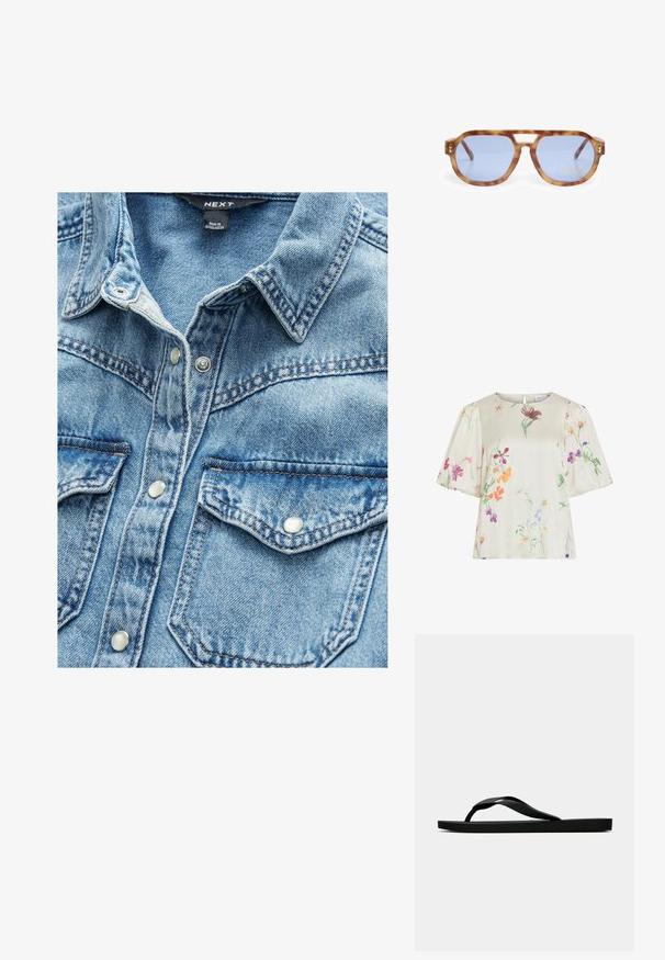Krém színű blúz puffos ujjakkal, amely finom, többszínű virágmintával díszített, rózsaszín, lila, narancs és zöld árnyalatokban.; Világoskék farmering két elülső zsebbel, patent gombokkal és hegyes gallérral. Texturált anyag, látható varrási részletekkel.; Fekete gumipapucs, textúrált pánttal és egyszerű lapos talppal, oldalnézetből, világos háttér előtt.; Tarka mintás napszemüveg kék lencsékkel, szögletes kialakítással, vastag kerettel és orrnyereg kivágással; arany díszítéssel a templom részen.; PULL&BEAR SHOPPER - Bevásárlótáska - grey