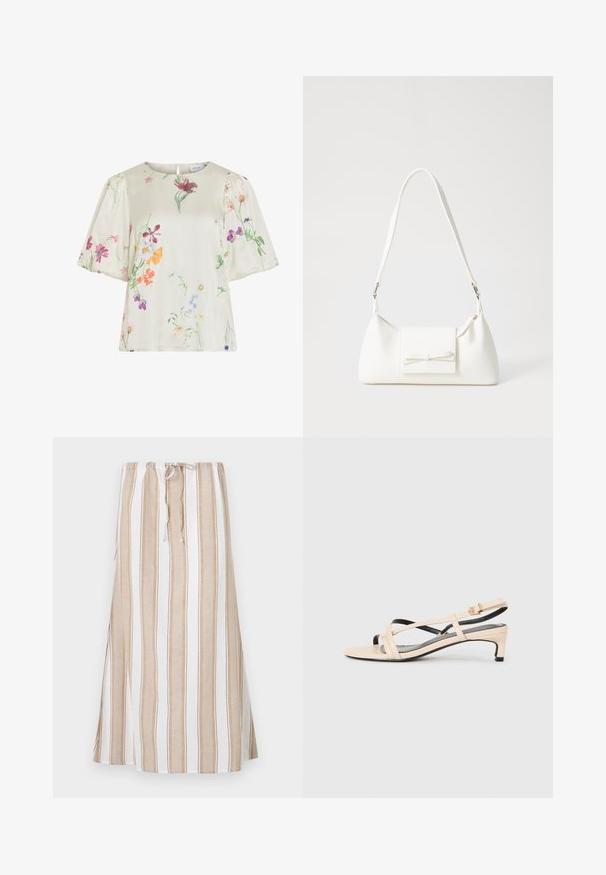 Kremo spalvos bliuska su pūkuota rankovėmis, kurią puošia subtilus daugiaspalvis gėlių raštas, vyraujančiais rožinės, violetinės, oranžinės ir žalios spalvų atspalviais.; Dryžuota sijonas balta ir šviesiai ruda, su raukšlėja juosmeniu ir ilga, laisvai krentanti forma. Pagaminta iš lengvos medžiagos, su laisvu iškirpimu.; Bežiniai odiniai sandalai su kryžminiais dirželiais, mažu kulnu ir juodais akcentais. Lygi tekstūra ir minimalistinis dizainas.; Balta sintetinė rankinė trikampio formos, plokščiu priekiu su užsegimu, kaspino detale, reguliuojama dirželiu, lygia tekstūra ir minimalistišku dizainu.