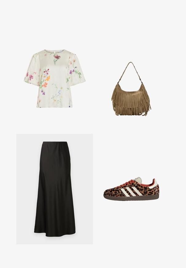 Blusa crema con maniche a sbuffo caratterizzata da un delicato motivo floreale multicolore nelle tonalità di rosa, viola, arancione e verde.; Gonna maxi in satin nero con texture liscia, vita alta e fondo svasato. Caratterizzata da un design semplice senza motivi visibili o accessori.; Sneaker con stampa leopardata in materiale scamosciato, lacci rossi e tre strisce bianche sui lati. Presentano una linguetta di colore crema e una suola marrone.; Borsa a tracolla in suede marrone con lunghi dettagli in frange, forma curva e una singola tracolla. Presenta una superficie liscia e testurizzata.