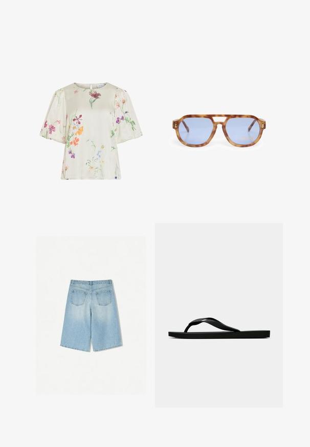 Cremefarbene Bluse mit Puffärmeln, die ein zartes, mehrfarbiges Blumenmuster in den Tönen Rosa, Lila, Orange und Grün zeigt.; Helle blaue Denim-Shorts mit lockerer Passform, ausgestattet mit zwei Gesäßtaschen und einem geraden Schnitt. Sauberer Saum und weiche Textur.; Schwarze Gummi-Flip-Flop-Sandale mit einem strukturierten Riemen und einfacher flacher Sohle, von der Seite auf einem schlichten hellen Hintergrund dargestellt.; Schildkrötensonnenbrille mit blauen Gläsern, eckigem Design, dickem Rahmen und Ausschnitt für die Nasenbrücke; mit goldenen Akzenten an den Schläfen.; PULL&BEAR SHOPPER - Shopping Bag - grey