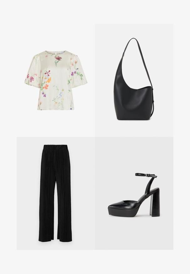 Creme bluse med puffærmer, der har et delikat flerfarvet blomstermønster i nuancer af pink, lilla, orange og grøn.; Sorte plisserede bukser med elastisk talje. Har brede ben og et glat, tekstureret stof med lodrette striber.; Sorte platformhæle med spidse tæer og justerbar ankelrem. Construeret i glat læder, med en kraftig blokhæl.; Sort læder hobo taske med en glat overflade, buet form og en enkelt justerbar rem; har en bred åbning øverst.