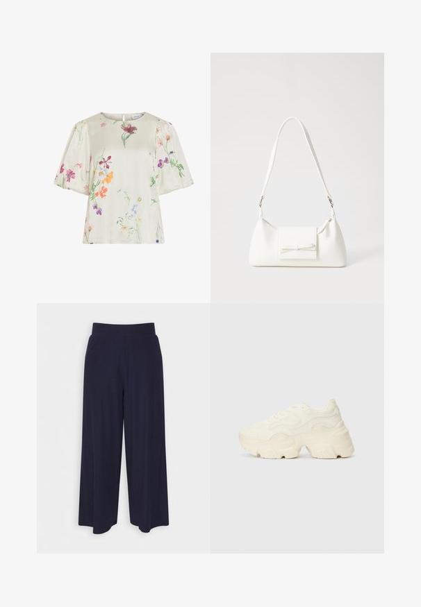 Kremo spalvos bliuska su pūkuota rankovėmis, kurią puošia subtilus daugiaspalvis gėlių raštas, vyraujančiais rožinės, violetinės, oranžinės ir žalios spalvų atspalviais.; Plati kojinės tamsiai mėlynos spalvos audiniu su vagelėmis. Turi lygų juosmenį ir laisvą siluetą, kuris siekia iki pusės blauzdos.; Masyvios baltos sportbačiai, pagaminti iš tekstūruoto tinklelio ir sintetinių medžiagų, pasižymintys storu padu ir išsamiu raštų detalizavimu šonuose.; Balta sintetinė rankinė trikampio formos, plokščiu priekiu su užsegimu, kaspino detale, reguliuojama dirželiu, lygia tekstūra ir minimalistišku dizainu.