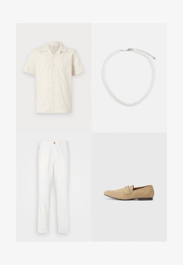 Kratka krem majica s kratkim rukavima sa suptilnim uzorkom, dugmad na prednjoj strani i jedna džep na prsima. Izrađena od lagane tkanine.; Bijele hlače od tkanine ravnog kroja, s dva prednja džepa i kopčanjem na dugme. Glatka tekstura i jednostavan dizajn.; Bež zamšaste loafers s blagim sjajem, s zaobljenim vrhom, slip-on dizajnom i niskim smešnim potplatom smeđe boje. Suptilna detaljna šavova.; Bijela biserna ogrlica s uniformnim okruglim oblikom, glatkom površinom i metalnom kopčom s produžnom lancem za podesivu duljinu.
