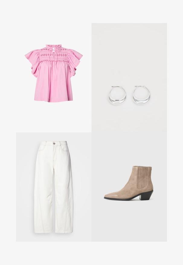 Blusa rosa con maniche corte a volant, parte superiore della scollatura arricciata a motivo diamante e un piccolo scollo a chiave anteriore legato con stringhe di tessuto.; Jeans bianchi a gamba larga realizzati in denim con cuciture visibili. Presentano una chiusura con bottone e una leggera texture. Tasche frontali.; Stivale alla caviglia in suede beige con punta affusolata e tacco sagomato, caratterizzato da dettagli di cuciture verticali sui lati.; Orecchini a cerchio in argento con finitura lucida e marchio DKNY, esposti su uno sfondo bianco semplice.
