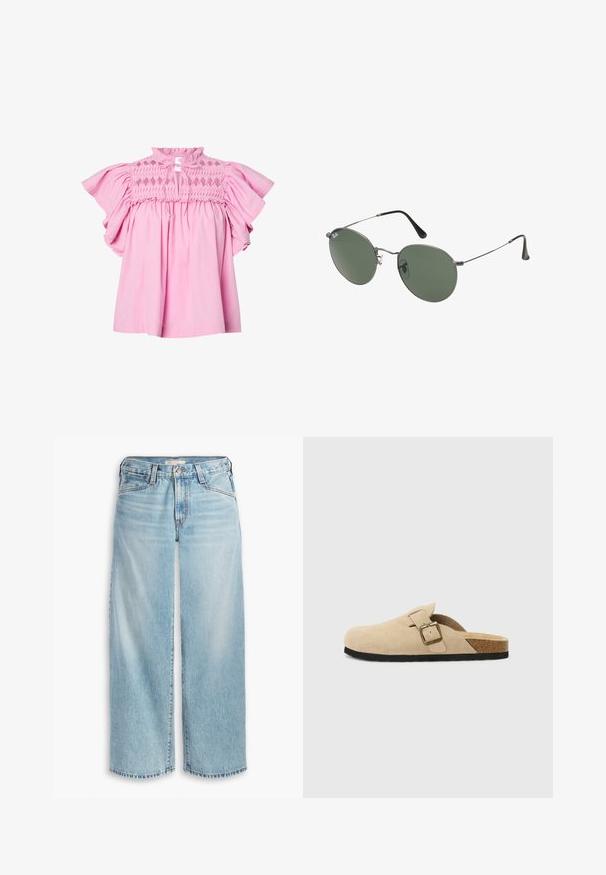 Blusa rosa con maniche corte a volant, parte superiore della scollatura arricciata a motivo diamante e un piccolo scollo a chiave anteriore legato con stringhe di tessuto.; Jeans ampi di colore blu chiaro realizzati in denim, con vita alta, chiusura a bottoni e orlo sfilacciato. Cuciture e tasche visibili.; Zoccoli beige in suede con piede in sughero, punta rotonda e una semplice fascia con una fibbia dorata. Suola in gomma per una buona aderenza.; Occhiali da sole con montatura in metallo e lenti verdi ovali. Montatura sottile in metallo argento e terminali neri. Design minimalista, senza loghi visibili.