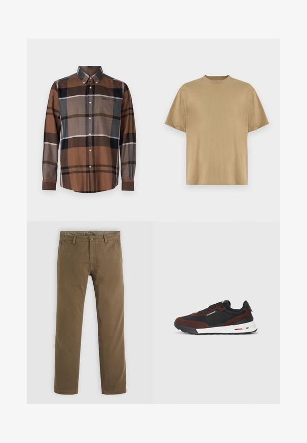 Camisa de botão em padrão xadrez castanho e multicolorido. Apresenta colarinho, mangas longas, bolso frontal e detalhes dos botões em contraste. Tecido leve.; Camiseta de mangas curtas em caqui, feita de tecido suave, com decote redondo e um corte descontraído. Sem padrões ou gráficos visíveis.; Calças de algodão em caqui com um design de perna reta, apresentando um fecho de botão, dois bolsos frontais e uma textura suave.; Tommy Hilfiger RETRO RUNNER MIX - Sapatilhas - black/cocoa