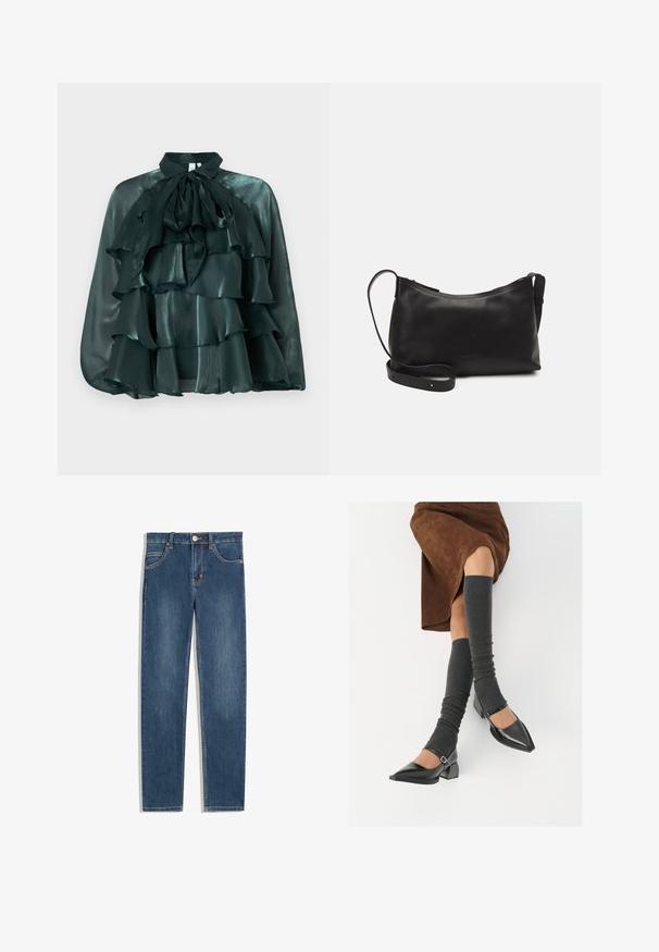Bluză satinată verde închis, cu guler înalt și o fundă mare, având multiple straturi volănașe pe față. Textură netedă și finisaj lucios.; Jeans din denim albastru închis cu croială dreaptă, cinci buzunare, detalii subtile de cusătură și un nasture metalic la talie.; Pantofi negri din piele lacuită, cu vârful ascuțit, toc bloc și curea la glezna, asortați cu jambiere gri cu nervuri și o fustă din suede maro.; Geantă de umăr din piele neagră, cu o textură netedă, formă curbată, curea ajustabilă și închidere cu fermoar. Design minimalist, fără embellishments.