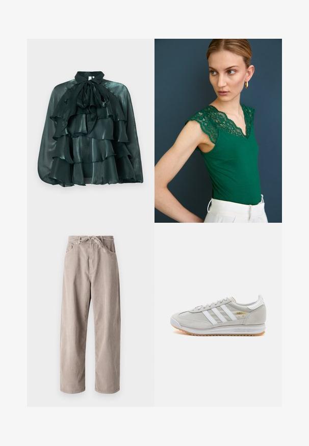 Blouse en satin vert foncé avec un col haut et un grand nœud, arborant plusieurs couches de volants sur le devant. Texture lisse et finition brillante.; Pantalons en velours côtelé beige à coupe ample, dotés d'une taille à cordon, de deux poches avant et d'une texture côtelée verticale.; Basket en cuir suédé et mesh gris clair, avec trois bandes blanches, bout rond et semelle en caoutchouc naturel. Accent logo doré près des lacets.; Débardeur vert avec des détails en dentelle à l'épaule et au col, présentant une coupe ajustée et un tissu doux. Assorti à un pantalon de couleur claire.