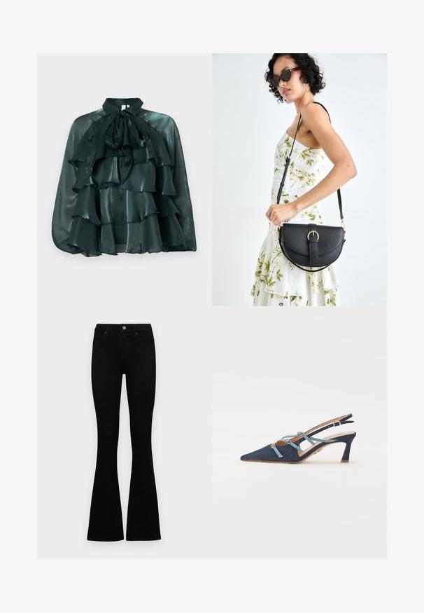 Ciemnozielona, satynowa bluzka z wysokim kołnierzem i dużą kokardą, z wieloma falbaniastymi warstwami z przodu. Gładka tekstura i błyszczące wykończenie.; Czarne, wysokie dżinsy z guzikem i zamkiem błyskawicznym, z przednimi kieszeniami i rozszerzanymi nogawkami, leżące płasko na białym tle.; Sandały na obcasie z dżinsu, spiczasty czubek, jasnoniebieskie paski z kokardkami, średni obcas, teksturowany materiał, beżowa wkładka, minimalne przeszycia, elegancki design.; Czarna skórzana torebka o zakrzywionym kształcie, z odpinanym paskiem i złotymi akcentami. Torebka posiada klapę z zapięciem w kształcie klamry.