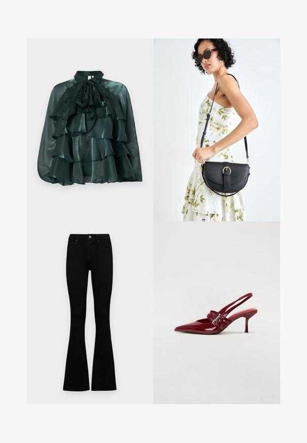 Sötétzöld, selymes blúz magas gallérral és nagyméretű masnival, amely több fodros rétegből áll az elején. Simaszerű textura és fényes felület.; Fekete, magas derekú farmernadrág gomb- és cipzárzárral, elülső zsebekkel és harangszárral, laposan egy fehér háttérre terítve.; Piros lakkbőr slingback sarokcipő, hegyes orral, két csatoló pánttal és vékony, közepes magasságú stiletto sarokkal. Simább textúrájú.; Fekete bőrtáska ívelt formával, levehető pánttal és arany színű fémrészekkel. A táskán egy csattal díszített fedél található.
