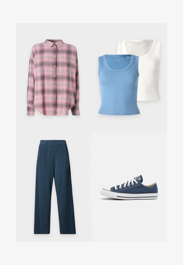 JJXX JXJAMIE - Košilová halenka - moonlite mauve; Dvě žebrované tílka: jedno světle modré a jedno bílé. Každé má kulatý výstřih a přiléhavý střih, který zdůrazňuje texturu látky.; Široké plisované kalhoty v tmavě modré barvě. Mají elastický pas a vertikální pruhovaný vzor, vyrobené z lehkého materiálu.; Plátěné tenisky v námořnické modři s bílými očky a tkaničkami, s bílým gumovým špičkou a černým pruhem podél podešve.