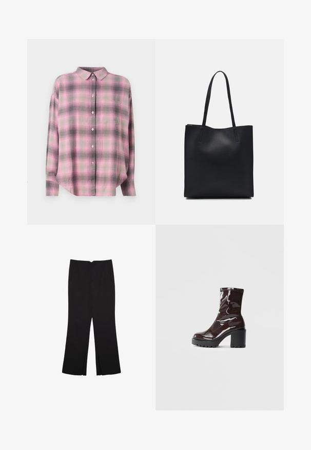 JJXX JXJAMIE - Blúzka so zapínaním na gombíky - moonlite mauve; Čierne nohavice so strihom rovného strihu, s prednými vreckami a bočnými rozparkami na leme. Vyrobené z mäkkej, hladkej tkaniny. Vhodné na rôzne príležitosti.; Lesklé burgundské kotníkové boty s robustním černým podpatkem, s hladkou strukturou a jednoduchým designem. Bez viditelných zapínání nebo vzorů.; Čierna kožená taška na rameno s hladkým povrchom, obdĺžnikovým tvarom a dvoma dlhými uchami. Bez viditeľného kovania alebo ozdôb.