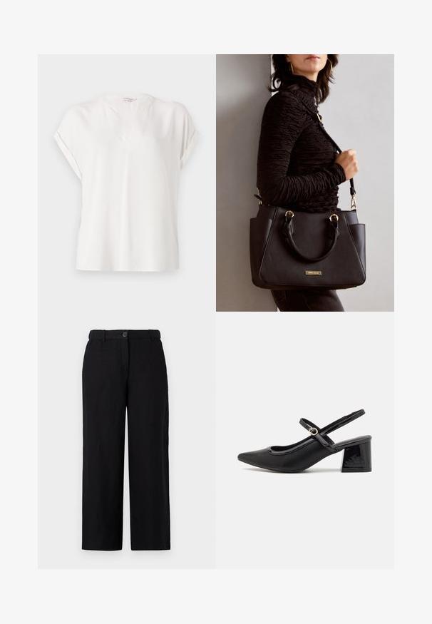 White short-sleeve blouse made from a smooth fabric with a V-neckline, featuring rolled sleeves and a relaxed fit. Minimalist design.; Black wide-leg pants made of a lightweight fabric, featuring a front button closure and belt loops. Smooth texture with no visible patterns.; Black patent leather slingback heels with a pointed toe, a rounded cutout design, and a block heel. Features a gold-tone buckle accent.; Black handbag with textured surface, dual top handles, and adjustable shoulder strap. Features gold-tone hardware and side pockets.