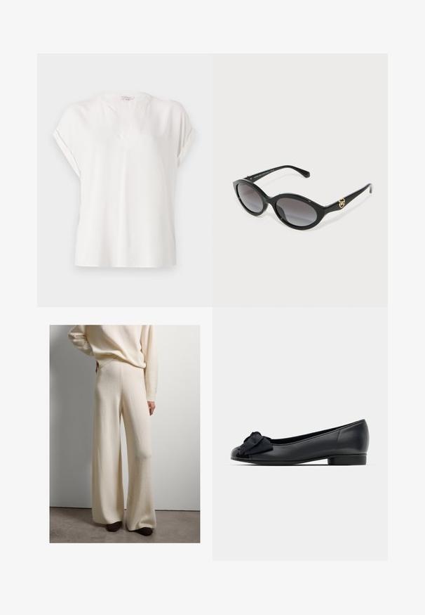 Witte blouse met korte mouwen, gemaakt van een gladde stof met een V-hals, voorzien van opgerolde mouwen en een relaxte pasvorm. Minimalistisch ontwerp.; Wijdvallende broek van zacht wit gebreid materiaal, hoog in de taille met een gladde textuur, voorzien van een geribbelde tailleband en boorden. Vergezeld van donkere schoenen.; Zwarte leren balletschoen met een ronde neus, voorzien van een gepatineerde leren kap en een stoffen strikaccent aan de voorkant. Lage, stevige hak.; Zwarte cat-eye zonnebril met vervagende grijzige lenzen. Heeft glanzende plastic monturen en een goudkleurig logo-accent op de slaap.; Schildpad patroon haarclip gemaakt van plastic, met een golvend ontwerp met meerdere gripstekers en een ronde bovenkant.