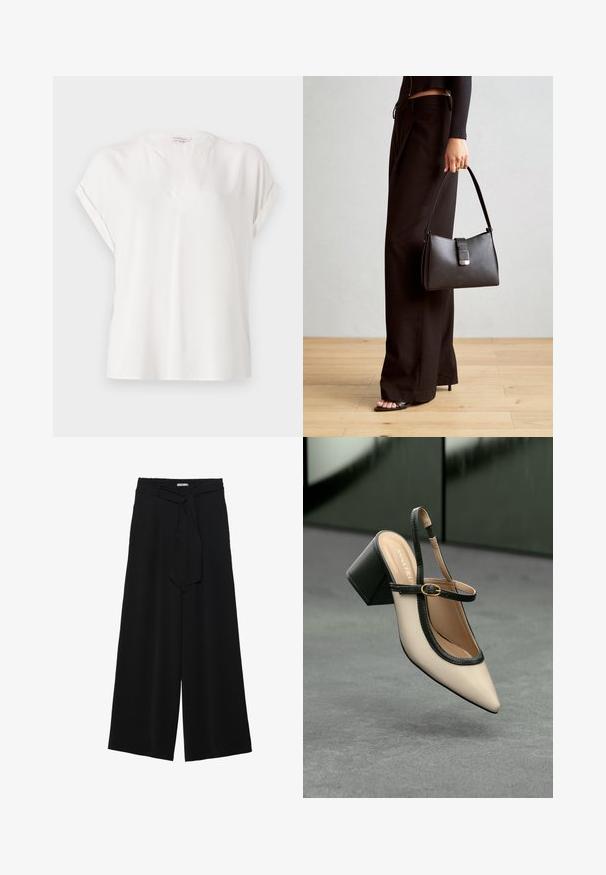 Fehér, rövid ujjú blúz sima anyagból, V-nyakkivágással, felgöngyölt ujjakkal és laza szabással. Minimalista dizájn.; Fekete, bő szárú nadrág, texturált anyagból, rugalmas derékpánttal és levehető sállal a derekán, amely állítható illeszkedést biztosít.; Beige, hegyes orrú, pántos cipő fekete díszítéssel, arany csattal és vastag blokk sarokkal, szürke padlón, sötétzöld háttér előtt.; Fekete kézi táska strukturált formával, sima textúrával és fémből készült záródással. Széles fekete nadrággal és nyitott orrú szandállal párosítva, fából készült padlón.