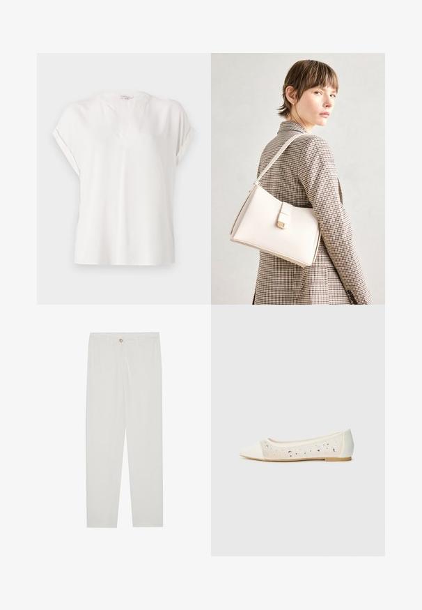 White short-sleeve blouse made from a smooth fabric with a V-neckline, featuring rolled sleeves and a relaxed fit. Minimalist design.; White, tailored trousers with a straight leg design, featuring a button closure, belt loops, and side pockets; smooth fabric texture.; Pointed-toe flat in cream leather with transparent upper featuring scattered rhinestones. Soft sole for comfort, minimalistic design.; White leather handbag with a structured design, featuring a magnetic clasp and a shoulder strap, showcased against a neutral background.