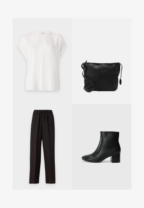White short-sleeve blouse made from a smooth fabric with a V-neckline, featuring rolled sleeves and a relaxed fit. Minimalist design.; Black, wide-leg pants with an elastic waistband and adjustable drawstring. Made from a smooth, lightweight fabric with no visible patterns.; Black leather ankle boots with a pointed toe and a chunky heel. Smooth texture with minimal accents and a sleek, fitted design.; Black leather crossbody bag with a flat shape, gold hardware accents, and an adjustable strap. Smooth texture with minimal stitching details.