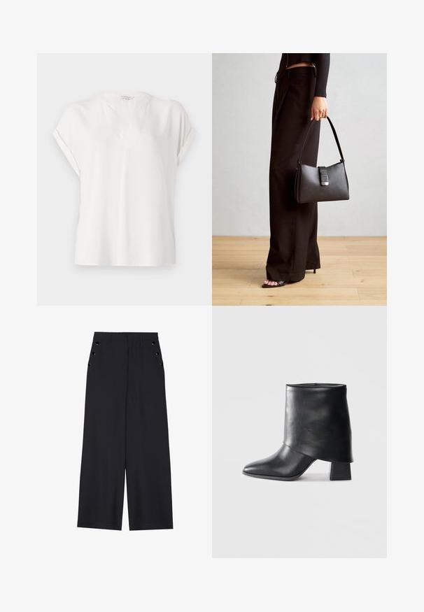 Fehér, rövid ujjú blúz sima anyagból, V-nyakkivágással, felgöngyölt ujjakkal és laza szabással. Minimalista dizájn.; Sötét tengerészkék, széles lábú nadrág, sima textúrával, elől redőkkel és díszes, aranyszínű szélekkel a zsebeknél.; Fekete bőr bokacsizma, hegyes orral, sima felülettel és strukturált blokk sarokkal. Magas, hajtott szegéllyel rendelkezik.; Fekete kézi táska strukturált formával, sima textúrával és fémből készült záródással. Széles fekete nadrággal és nyitott orrú szandállal párosítva, fából készült padlón.