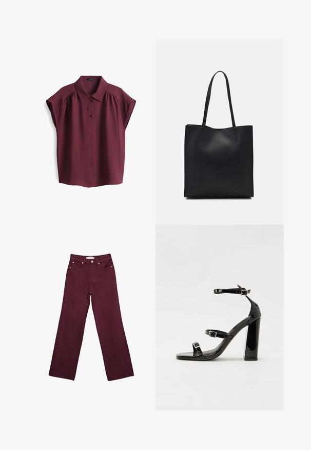 Kurzarmige, burgunderrote Bluse mit durchgehender Knopfleiste und strukturiertem Kragen, die eine subtile Textur und ein entspanntes Design aufweist.; Burgunderfarbene hochtaillierte Jeans mit geradem Bein-Design, ausgestattet mit vorderen Taschen, einem Knopfverschluss und metallischen Akzenten in Kupferfarbe.; Schwarze patentierte Sandalen mit Absatz, quadratischer Spitze, Knöchelriemen und silbernen Schnallen. Mit einem stabilen Blockabsatz für mehr Stabilität.; Schwarze Laptoptasche aus Leder mit glatter Textur, rechteckiger Form und zwei langen Griffen. Keine sichtbaren Beschläge oder Verzierungen.