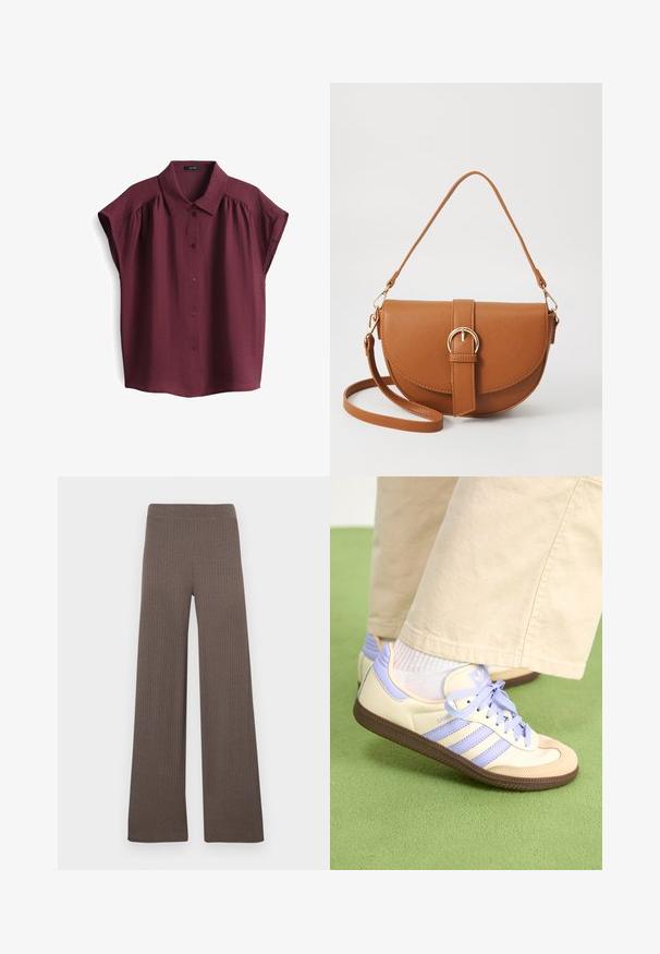 Blusa a maniche corte color bordeaux con chiusura a bottoni e colletto strutturato, caratterizzata da una leggera texture e design dal taglio rilassato.; Pantaloni a gamba larga a coste in colore marrone scuro, dotati di una cintura elasticizzata e di un tessuto morbido e strutturato.; Sneakers crema e lavanda con tre strisce e suola marrone texturizzata, dotati di lacci e tallone imbottito. Parte superiore in tessuto morbido.; Borsa a tracolla in pelle marrone con forma curvata, hardware dorato e un dettaglio con fibbia. Presenta una tracolla rimovibile.