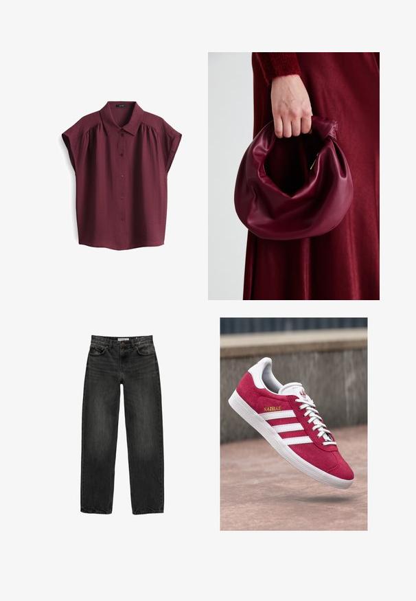 Blusa a maniche corte color bordeaux con chiusura a bottoni e colletto strutturato, caratterizzata da una leggera texture e design dal taglio rilassato.; Jeans in denim nero con una vestibilità rilassata, gamba dritta, design a cinque tasche e una texture leggermente sbiadita. Chiusura con bottone e zip nella parte anteriore.; Scarpe sportive in suede rosso con strisce in pelle bianca. Presentano la scritta dorata "Gazelle" e una suola in gomma testurizzata. Design classico.; Borsa in pelle bordeaux con un design morbido e arricciato e una forma arrotondata. Il manico è fissato, mostrando una texture liscia.