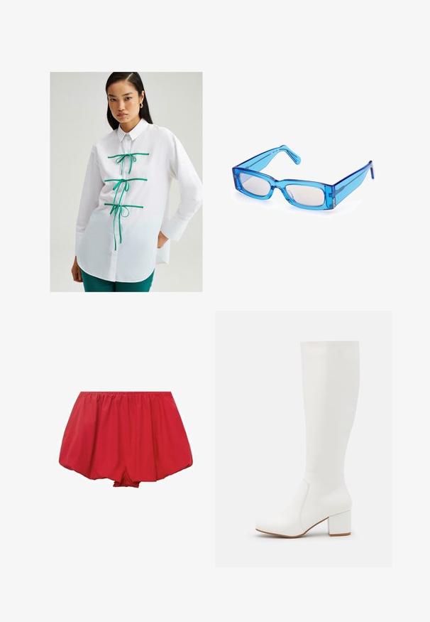 Touché Privé CONTRAST PIPED - Blus - white; Röda, lätta shorts med elastisk midja. De har en lös, utsvängd design och veckat tyg för en avslappnad passform.; Vita knähöga stövlar med en slät, blank yta. Fyrkantig blockklack och subtil sömnadsdetalj längs sidan.; Blå transparenta rektangulära solglasögon med en tjock ram, något böjda skalmar och ljusa linser. Har subtila varumärkesdetaljer.