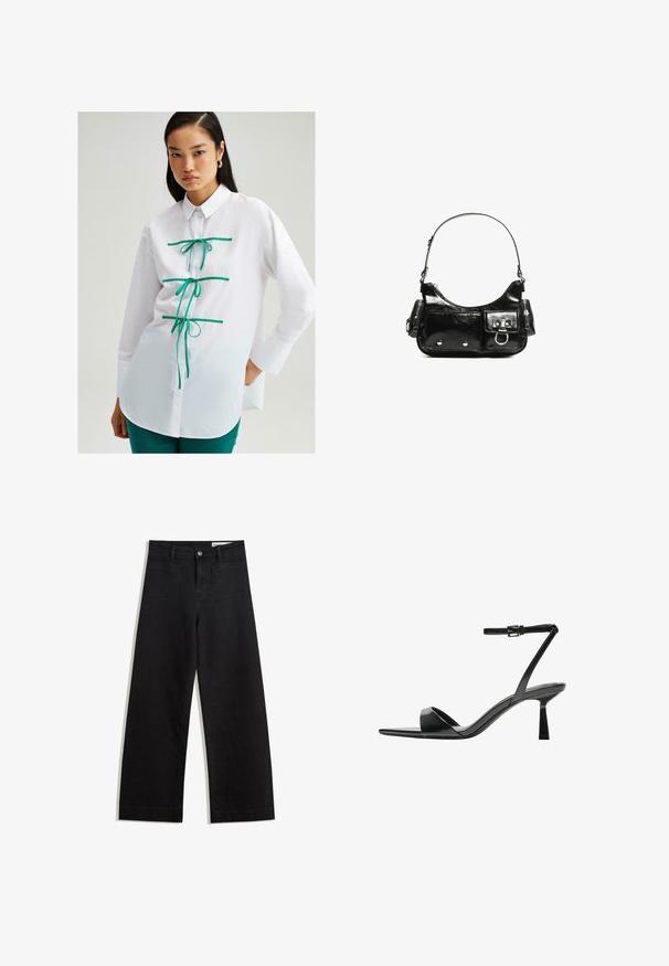 Touché Privé CONTRAST PIPED - Bluza s gumbima - white; Crne široke traperice s visokim strukom, s prednjim i stražnjim džepovima, šivenim šavovima i kopčanjem na gumb. Glatka tekstura.; Bershka Sandale s visokom petom - black; Crna patentna kožna torba s zakrivljenim oblikom, jednim remenom za rame, prednjim džepovima i akcentima od srebrnog tona.