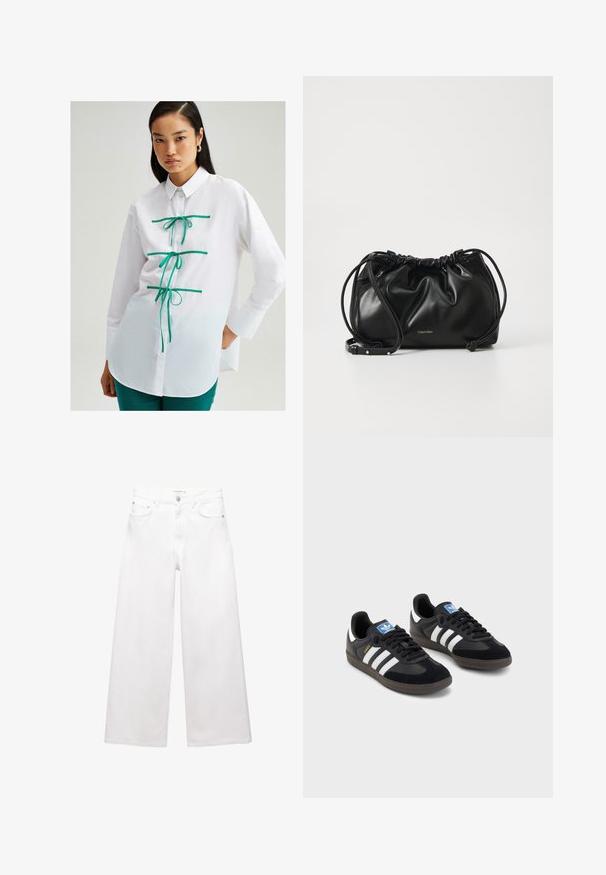 Touché Privé CONTRAST PIPED - Skjortebluser - white; Hvide bredde bukser lavet af bomuld, med høj talje, fem-lomme design og messingdetaljer. Glat, ikke-slidt tekstur.; Sorte sneakers med en overdel i ruskind og syntetisk materiale, med tre hvide striber, struktureret gummisål og en blå logoetiket på tungen.; Sort læderhåndtaske med samlet design, dobbelt snørelukning og aftagelig skulderrem. Har metal-logo detaljer.