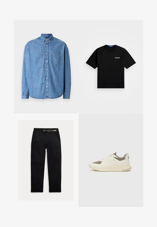 Chemise en denim bleu clair à manches longues, col boutonné, poche avant et coupe décontractée. La texture du tissu semble lisse et usée.; T-shirt en coton noir avec un col rond et des manches courtes. Présente le logo "POLO SPORT" sur la poitrine gauche en blanc. Coupe classique.; Pantalon noir en tissu léger, avec une taille élastique intégrant une ceinture verte, coupe droite et poches latérales.; Basket de sport blanche et beige clair, avec une tige en maille, des détails perforés et une semelle intermédiaire texturée avec un logo sur le talon.