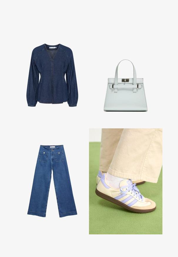 Blusa in denim blu scuro con scollatura a V, maniche raglan, polsini elasticizzati e tasche laterali. Presenta una cucitura a contrasto su tutto il capo.; Jeans in denim a gamba larga con un lavaggio blu medio, due tasche frontali con chiusura a bottone e dettagli cuciti lungo gli orli.; Sneakers crema e lavanda con tre strisce e suola marrone texturizzata, dotati di lacci e tallone imbottito. Parte superiore in tessuto morbido.; Borsa a mano azzurro chiaro con design strutturato, due manici e chiusura in metallo tono argento. Materiale testurizzato e angoli acuti.
