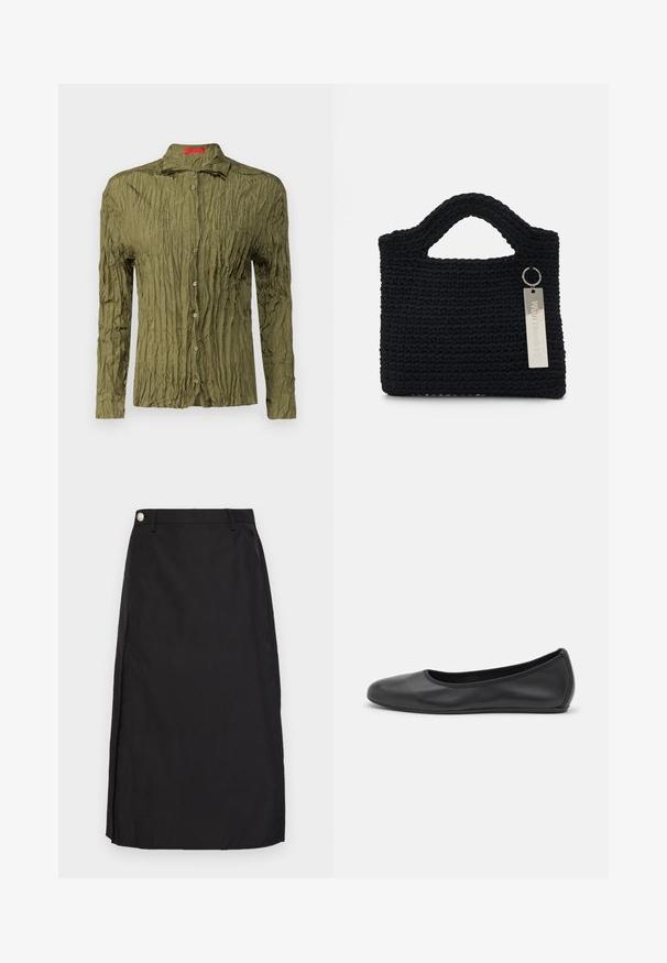 Oliwkowa, długiego rękawa koszula z pomarszczoną fakturą, z przodu na guziki i z kieszenią na piersi; ma spiczasty kołnierzyk i subtelny połysk.; Czarna spódnica do kolan wykonana z gładkiego materiału, z przednim rozcięciem i metalowym guzikiem na pasku.; Czarne skórzane baletki z zaokrąglonym noskiem, gładką fakturą, minimalnymi przeszyciami i elastycznym designem podeszwy.; Won Hundred MARSIELLE UNISEX czarny