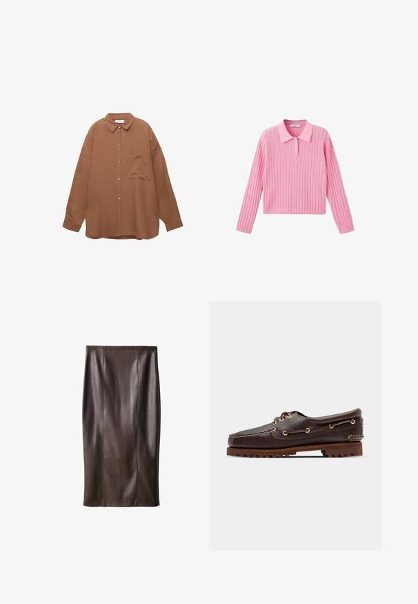 Brązowa koszula z guzikami, z wyraźnym kołnierzykiem, długimi rękawami i kieszonką na piersi. Posiada teksturowaną tkaninę i srebrne guziki.; Różowy sweter prążkowany z długimi rękawami i kołnierzykiem, z trzema guzikami przy kołnierzu oraz skróconym dołem.; Brąskowy skórzany ołówkowy spódniczka o gładkiej fakturze, sięgająca do kolan, z pionowymi szwami w celu podkreślenia designu. Brak dodatkowych elementów lub akcentów.; Brązowe skórzane buty w stylu boat shoe z złotymi oczkami, okrągłymi sznurowadłami oraz teksturowaną brązową gumową podeszwą. Zawierają przeszycia i wypukłe logo.
