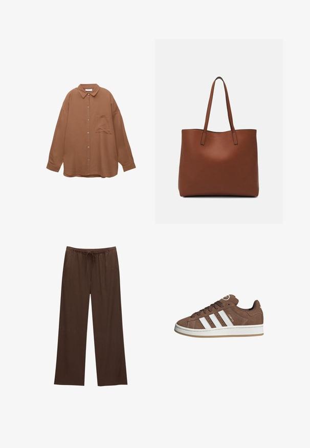 Brown button-up shirt with a pointed collar, long sleeves, and a chest pocket. Features a textured fabric and silver hardware buttons.; Brown wide-leg pants made from soft fabric, featuring an elastic waistband with a drawstring and two side pockets.; Brown suede sneakers with white leather stripes, rubber sole, rounded toe, and lace-up front. Features a logo on the tongue and perforated accents.; Brown leather tote bag with a smooth texture, open top design, and two shoulder straps. Features minimal stitching and no visible hardware.