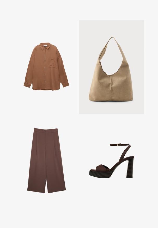 Camicia marrone con bottoni, colletto a punta, maniche lunghe e taschino sul petto. Presenta un tessuto testurizzato e bottoni in metallo argentato.; Pantaloni ampi marroni con una texture liscia, caratterizzati da una vita alta e pieghe frontali. Il tessuto è leggero e scorre liberamente.; Sandal in camoscio marrone con tacco alto, punta aperta, cinturino alla caviglia regolabile e suola a piattaforma striata.; Borsa hobo in morbido suede beige con una forma scomposta, ampia tracolla e un dettaglio di cucitura a mano lungo la parte anteriore.