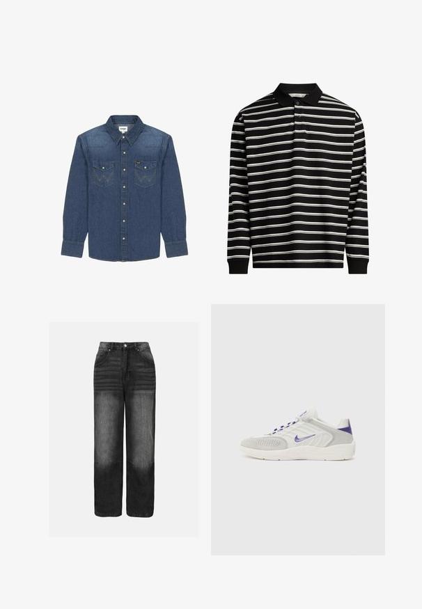 Granatowa koszula dżinsowa z kołnierzykiem zapinanym na guziki, dwoma kieszeniami na piersi z kontrastowym przeszyciem i długimi rękawami zakończonymi mankietami na guziki.; Polo z długim rękawem wykonany z czarnego materiału w białe poziome paski, z kołnierzykiem i zapięciem na trzy guziki.; Czarne dżinsy z efektem sprania, z wysokim stanem, pięcioma kieszeniami i prostymi nogawkami. Widoczne detale metalowych elementów i przeszyć.; Białe i szare buty sportowe z purpurowymi akcentami, wyposażone w teksturowaną cholewkę, perforacje dla lepszej wentylacji oraz amortyzującą podeszwę.