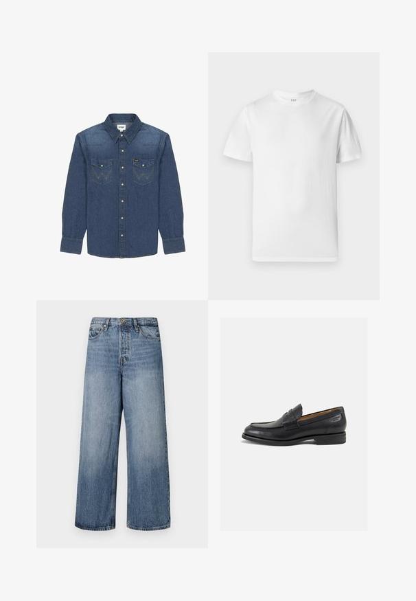 Camicia in denim blu scuro con colletto button-down, due tasche sul petto con cuciture a contrasto e maniche lunghe con polsini a bottone.; T-shirt bianca a maniche corte realizzata in morbido cotone. Presenta un collo rotondo e un orlo dritto con dettagli minimi.; Jeans in denim blu a gamba larga con lavaggio sbiadito, design a cinque tasche e chiusura con bottone. Dotati di passanti per cintura e dettagli cuciti.; Mocassini in pelle nera con finitura liscia, punta arrotondata e cuciture decorative sulla tomaia. Tacco basso impilato e leggero lucido.