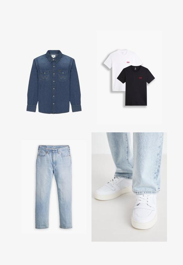 Camicia in denim blu scuro con colletto button-down, due tasche sul petto con cuciture a contrasto e maniche lunghe con polsini a bottone.; Due magliette a maniche corte: una bianca e una nera. Entrambe in cotone con un logo rosso di Levi's sul petto. Design semplice con scollo rotondo.; Jeans in denim blu chiaro con design a gamba dritta, stile a cinque tasche e cuciture a contrasto. Chiusura con bottone e zip in vita.; Sneakers bianchi in pelle a bassa punta con punta perforata, lacci piatti e design minimalista. Abbinati a jeans di denim azzurro chiaro.