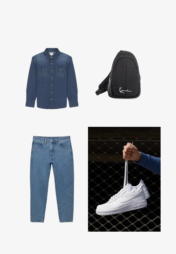 Mørkeblå denimskjorte med knap-ned krave, to brystlommer med kontraststing og lange ærmer med knapmanchetter.; Blå denimjeans med lige ben, fem lommer og lynlås. Har synlige syninger og en falmet tekstur.; Hvide lædersneakers med perforeringer, rund tå, flad sål og tykke snørebånd, med et synligt swoosh-logo og "AIR" på hælen.; Sort stof sling rygsæk med en glat overflade, som har en buet design, lynlåslomme og et hvidt logo på forsiden.