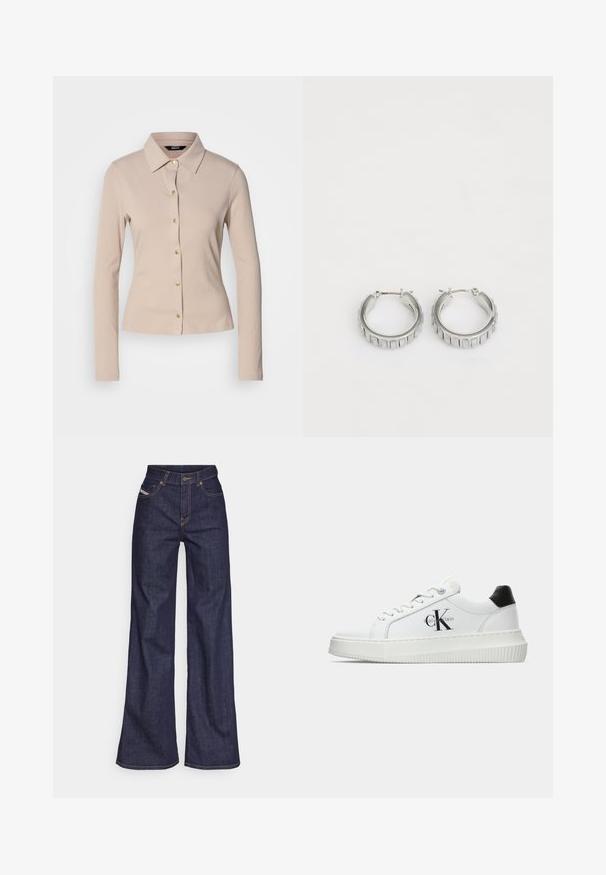 Long-sleeve, beige ribbed shirt with a collared neckline and front buttons. Features a tailored fit and subtle texture.; Dark blue wide-leg jeans in denim fabric with a high waist, featuring orange stitching, five-pocket design, and a button closure.; White low-top sneaker with black heel tab, platform sole, laces, and Calvin Klein "CK" logo on the side.; Silver hoop earrings with a textured design featuring vertical ridges. Circular shape with a secure latch closure. Smooth finish.